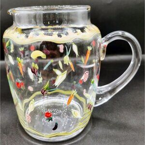 Juice Water Pitcher 36 Oz Garden Hand Painted Blown Glass Vintage Summer Boho